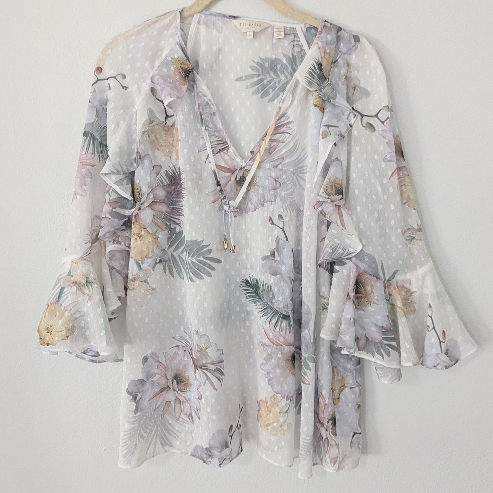 Ted Baker Floral Ruffle Blouse Semi Sheer Tie Neck Swiss Dot White 5 XL